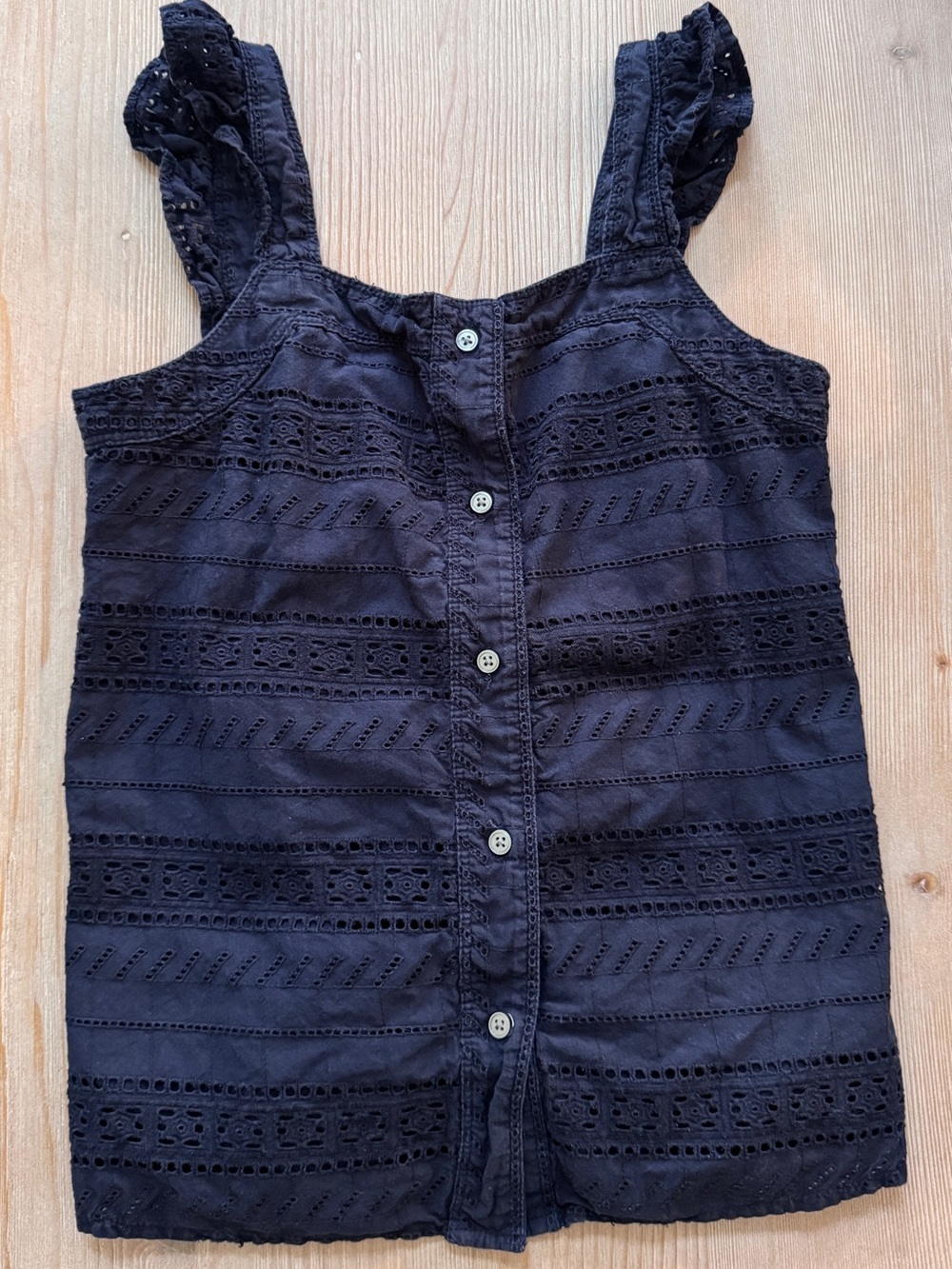 LOFT Petite Navy Eyelet Embroidered Top with Wide Ruffled Straps- XXSP